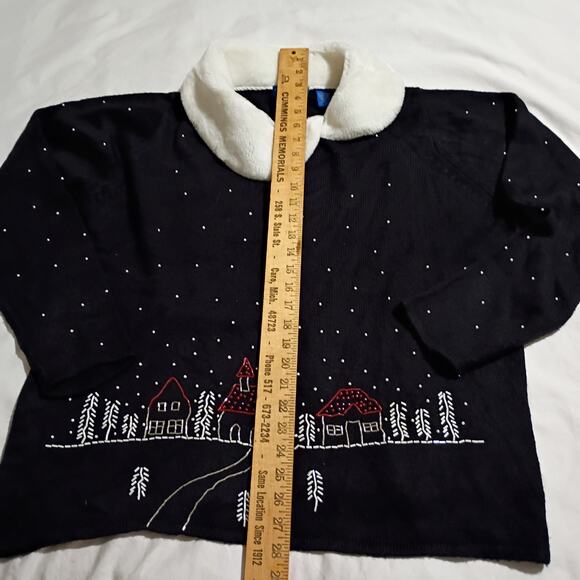 Christmas Sweater XL Black BEADED Holiday Scene Faux Fur Neck Mini-Ribbed Knit - Picture 9 of 10